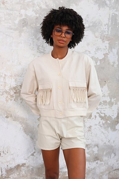 AsprinFashion KADIN KREM CEPLİ PÜSKÜLLÜ BOMBER CEKET