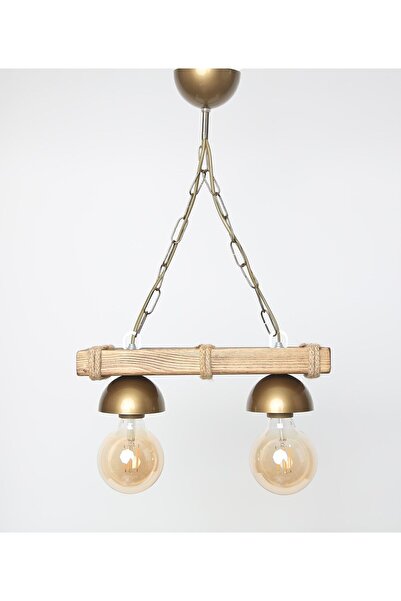 ABAJOUR Doğal Ahşap 2 Li Halatlı Rustik Tasarım Avize(GOLD)