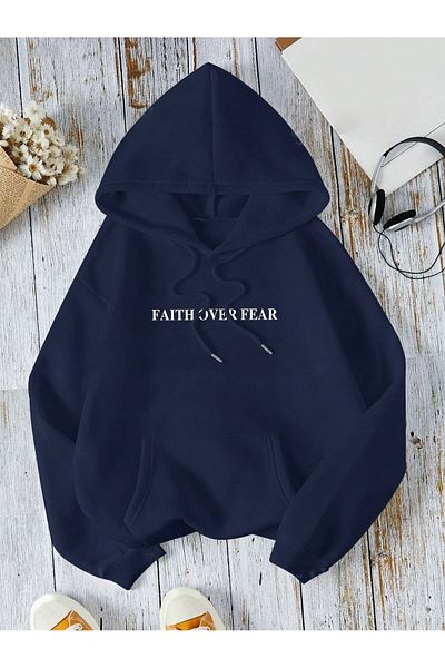 PALPİTO Унисекс суитшърт с качулка и щампа Faith в тъмносин цвят - 3 прежди