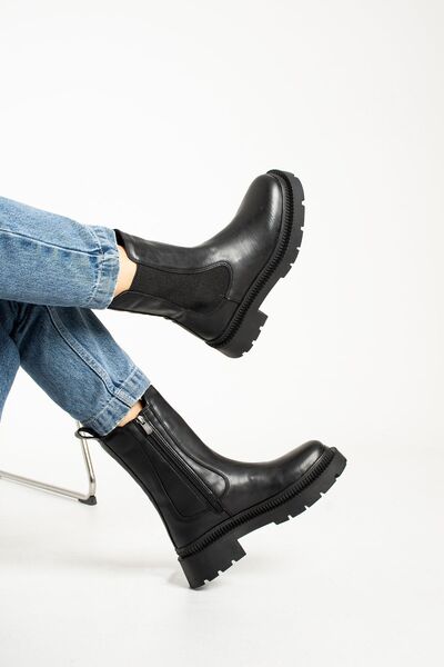 İnan Ayakkabı Kadın Bot Siyah Lastikli Fermuarlı (TABAN 5 CM)