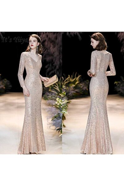 elissaa V YAKA PULPALET UZUN KOLLU ABİYE ELBİSE