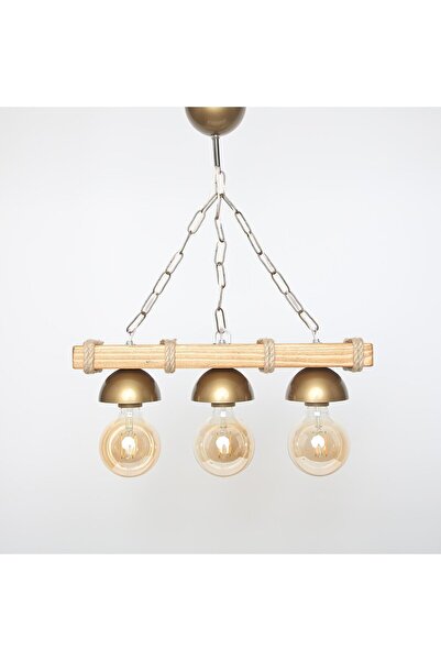 ABAJOUR Doğal Ahşap 3 lü Halatlı Rustik Tasarım Avize Gold