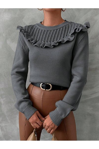 TRQOM Pulover de damă din tricotaje cu volane antracit