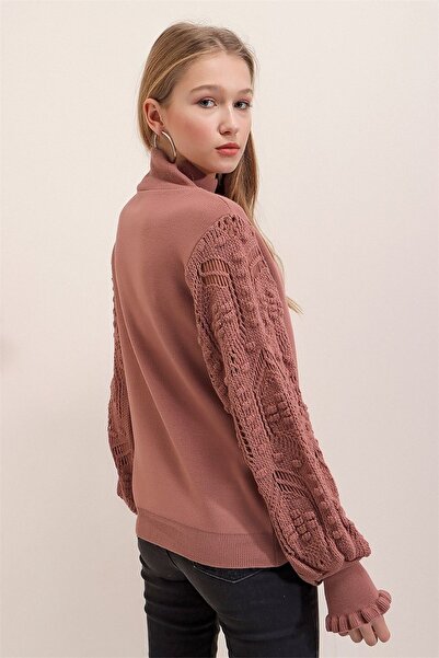citystyle Γυναικείο πουλόβερ σε χρώμα κανέλας - μισό ζιβάγκο, λεπτομέρεια δαντέλας