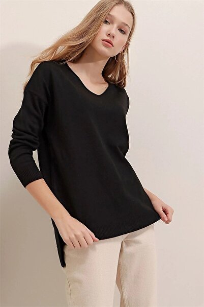 TRQOM Kadın Siyah V Yaka Mevsimlik Kazak