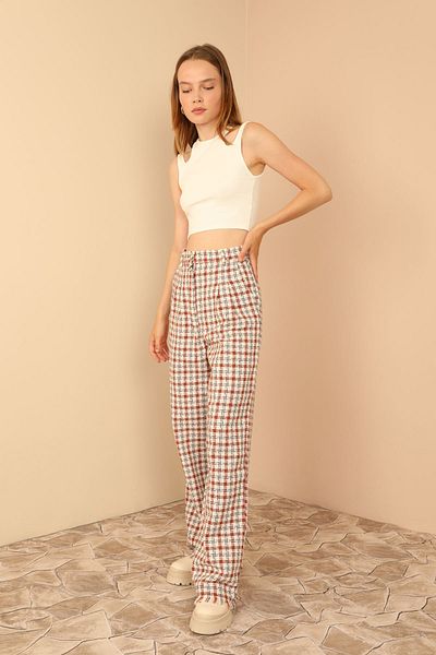 RICHMOST long Oversize Women's Trousers with Plaid Fabric and Tassel Detail - Pocketed and Unlined Tan