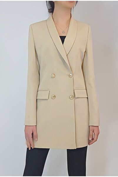 OYYA Women's Light Brown Gold Buttoned Lined Blazer Jacket Yy101029