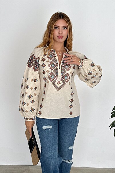 FEMELLE Beige Embroidered Ethnic Patterned Cotton Women's Blouse