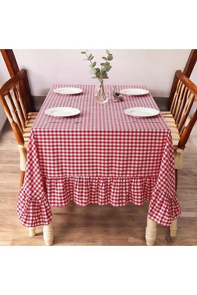 Erba kreasyon Vintage Red ChecKered Linen Table Picnic Cloth - Frilly, 130x150cm