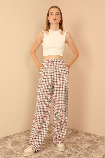 RICHMOST long Oversize Women's Trousers with Plaid Fabric and Tassel Detail - Pocketed and Unlined Tan