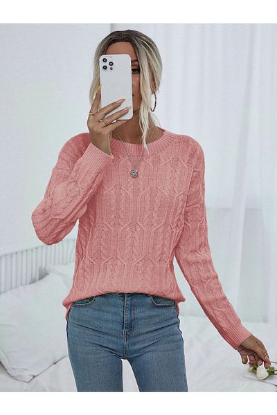 citystyle Pulover din tricotaje cu pulbere cu gât roșu - Model împletit de păr
