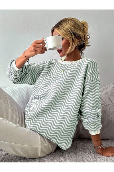 TRQOM Pulover de tricotaj cu decolteu rotund cu model Wave - MINT