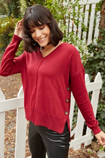 citystyle Kadın Yandan Düğmeli V Yaka Bordo Kazak