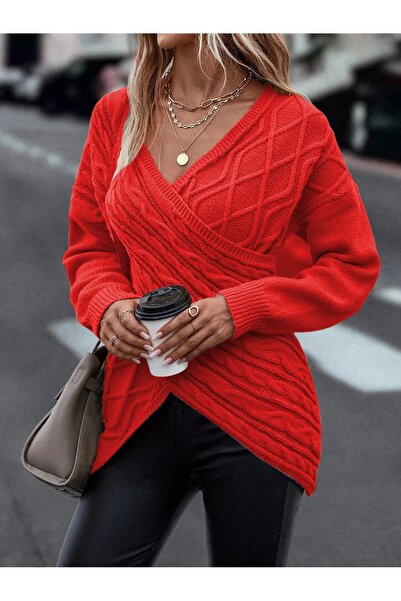 citystyle Red Hair Braided Double Breasted Collar Knitwear Tunic Sweater - Execution Pattern