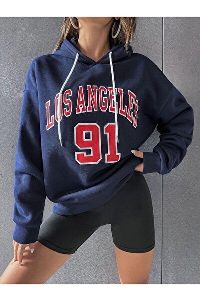 CAST COLLECTİON Γυναικείο φούτερ Losangeles 91 εμπριμέ Navy Blue Oversize