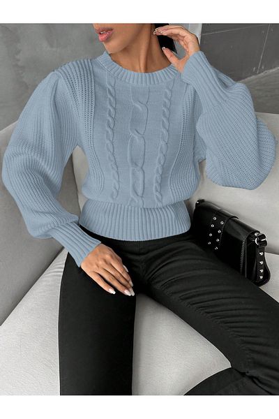 citystyle Pulover tricotat cu păr împletit cu gât crew albastru baby - mânecă prințesă