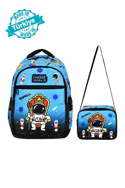 Waddell Rucsac pentru școală primară cu model astronaut negru-albastru cu geantă de prânz pentru băiat