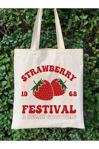 Cemira Strawberry Festival Designed Strawberry Pattern Raw Cloth Thin Tote Bag - Book Bag