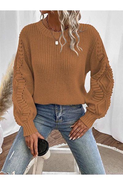 citystyle Плетено яке с кръгло деколте и камила - Selanik Knitting, мотив на ръкавите