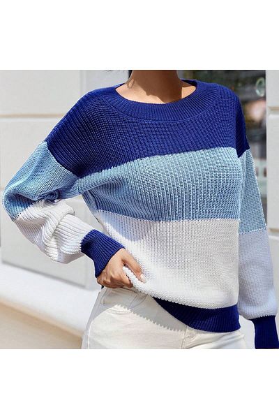 TRQOM Pulover de damă din tricotaje cu mânecă lungă, cu decolteu rotund, cu bloc de culoare - Saks/Bebe/Alb