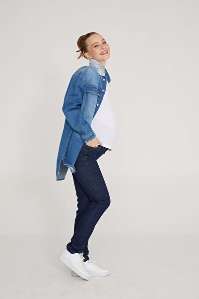 VAVIEN Hamile Jean Likralı Taş Detaylı Denim Pantolon Koyu Mavi 1024