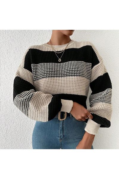 TRQOM Pulover Tricotaj Negru/Stone Block - Decolteu Crew Femei