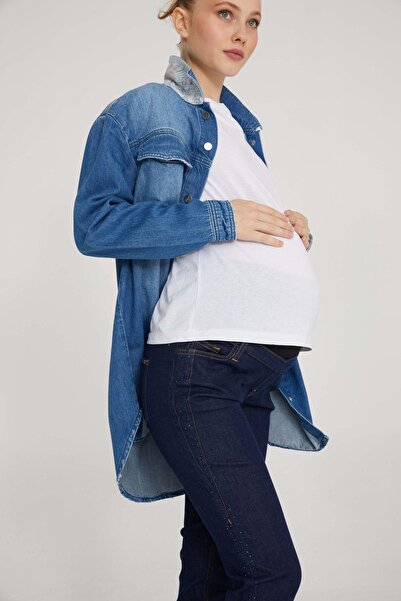 VAVIEN Hamile Jean Likralı Taş Detaylı Denim Pantolon Koyu Mavi 1024