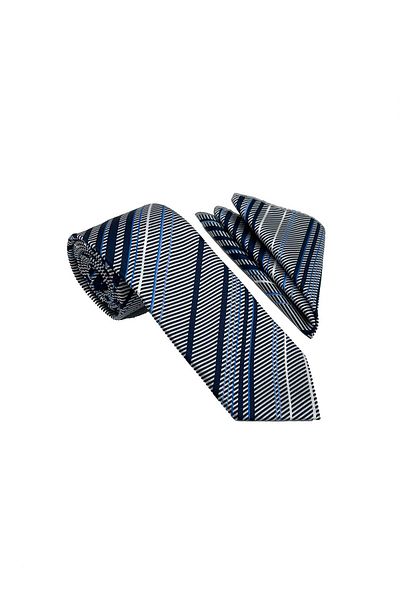 Brianze White Gray Navy Blue Striped Tie Handkerchief Set