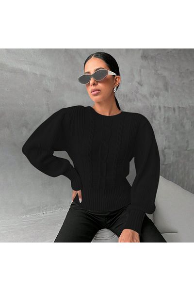citystyle Pulover de damă din tricotaje negre cu păr împletit cu gât crew - mânecă prințesă