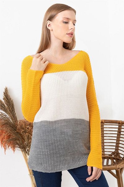 TRQOM Hanorac cu mânecă lungă pentru femei Mustard Color Block