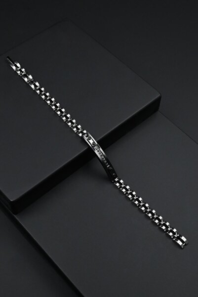 FRNCH 316L Çelik İtalyan Model Zirkon Taşlı Gümüş-Siyah Renk Erkek Bileklik F...