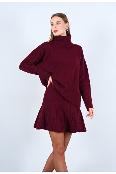 DuSiMoDa Set de tricotaje de damă bordeaux Fustă plisată Pulover cu gât cu mâ...