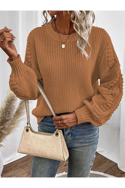citystyle Плетено яке с кръгло деколте и камила - Selanik Knitting, мотив на ръкавите