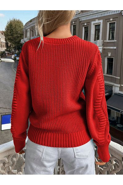 citystyle Pulover roșu din tricot Selanik - Motiv cu gât și mâneci