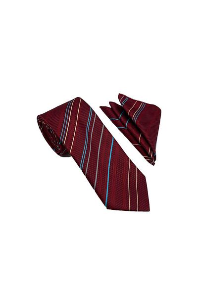 Brianze Beige and Burgundy Blue Gray Striped Tie Handkerchief Set