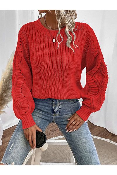 TRQOM Red Thessaloniki Knitted Crew Neck Sweater - Sleeve Motif