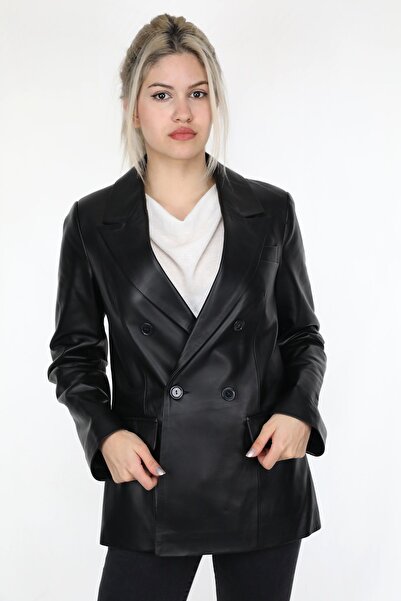 EGE DERİ سترة نسائية سوداء من الجلد الطبيعي بنسبة 100%