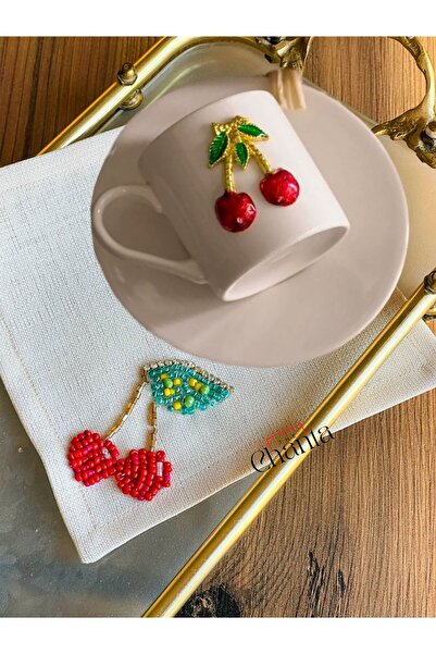 the chanta منديل تقديم من الكتان - تصميم الكرز، معالجة لفنجان القهوة وتفاصيل ...