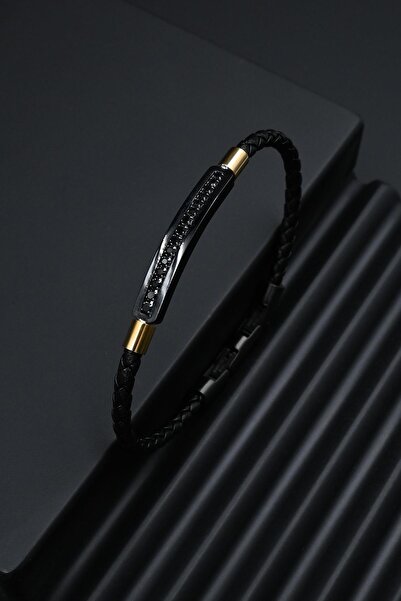 FRNCH 316L Çelik İtalyan Model Siyah-Altın Renk Deri Erkek Bileklik FRJ12287-...