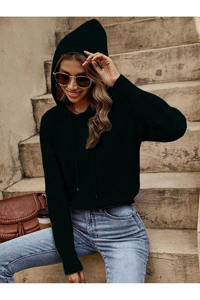 citystyle Pulover din tricot verde închis - Glugă, mânecă lungă, gât rotund