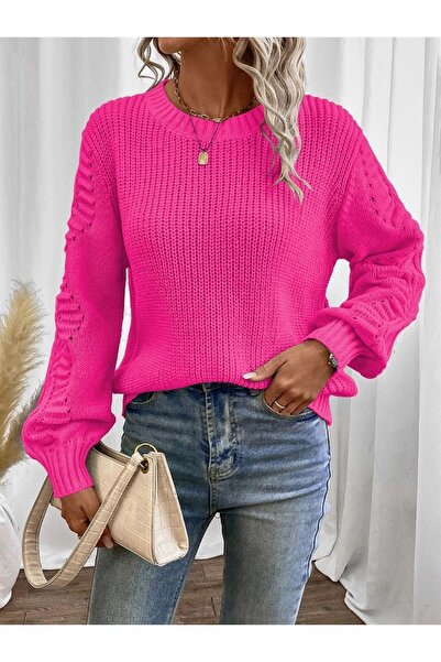 TRQOM سترة تريكو فوشيا - تيسالونيك محبوكة، تصميم بأكمام، رقبة دائرية