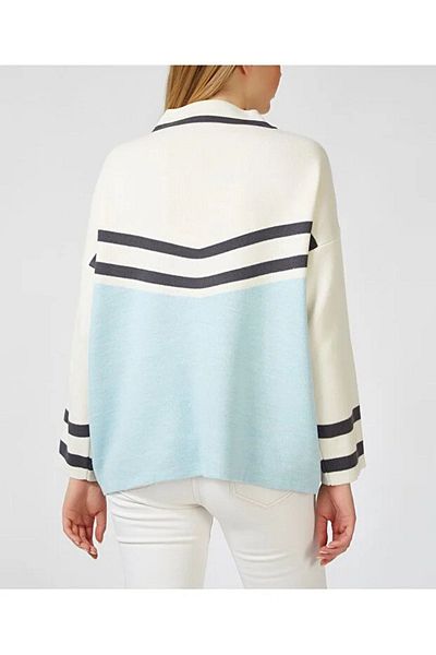 TRQOM Pulover tricot cu guler polo afumat Ecru Baby Blue - Detaliu dungi