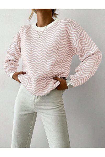 citystyle Bisiklet Yaka Dalga Desenli Triko Kazak PUDRA