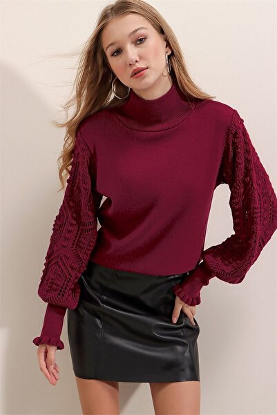 citystyle Kadın Bordo Yarım Balıkçı Kolu Dantel Detaylı Kazak