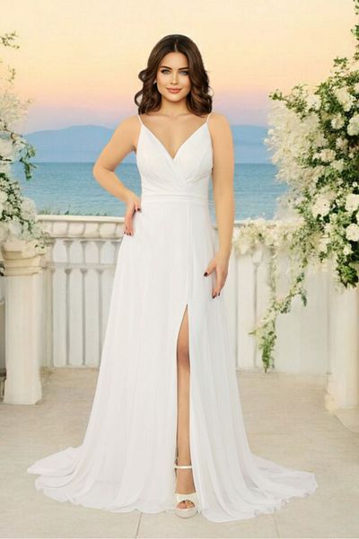 FaBe Fashion Chiffon Double BreaSted Collar and Lace Back Detail Thin Strap DreSS - for Wedding and Engagement