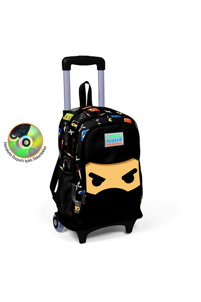 Coral Black Ninja Patterned Children'S School Backpack - Three CompartmentS and Squeegee 23381