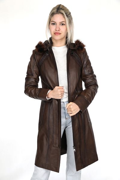 EGE DERİ 100% Genuine Lambskin Furry Hooded Brown Women's Top Coat