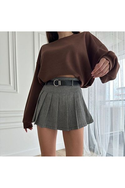 Selital Women's Gray Belted Pleated Mini Shorts Skirt