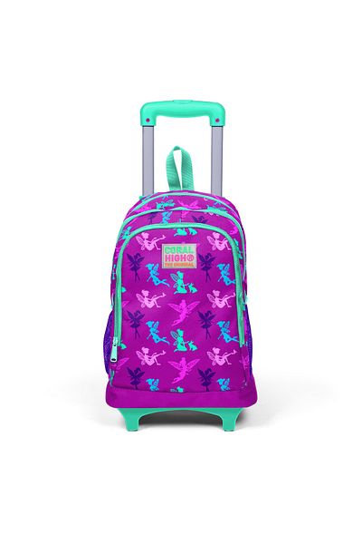 Coral Dark Pink, Water Green Fairy Patterned School Backpack for Kids - Three Compartments and Squeegee 23129