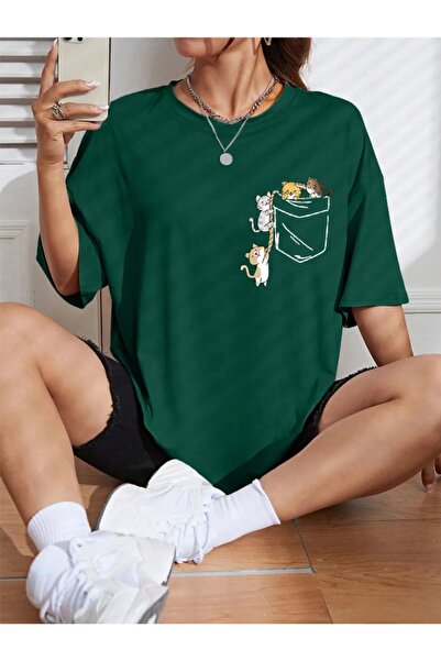 FECCY Tricou de damă din bumbac oversize cu imprimeu Green Cat - Decolteu tip...